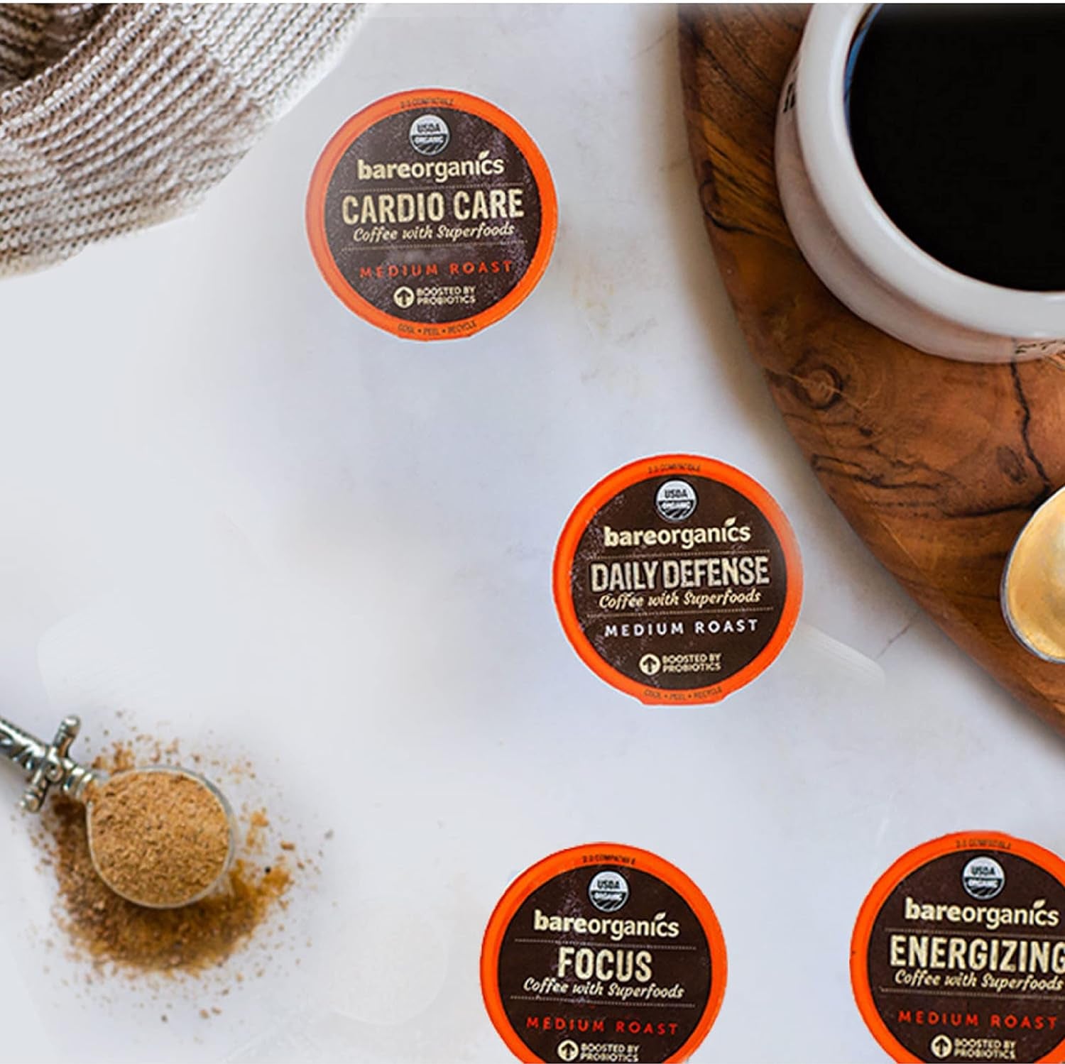 Cardio care coffee pods, Organic coffee with probiotics, Keurig compatible coffee, Superfood infused coffee, Heart health coffee pods, Vegan friendly coffee, Gluten free coffee, Probiotic coffee for digestion, Cacao cinnamon coffee, Fair trade organic coffee.