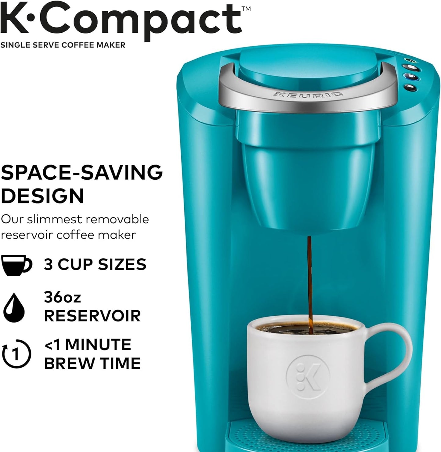  K-Compact Coffee Maker, Single Serve K-Cup Pod Brewer, Turquoise, Compact Coffee Maker, Keurig K-Compact, Single Serve Coffee Brewer