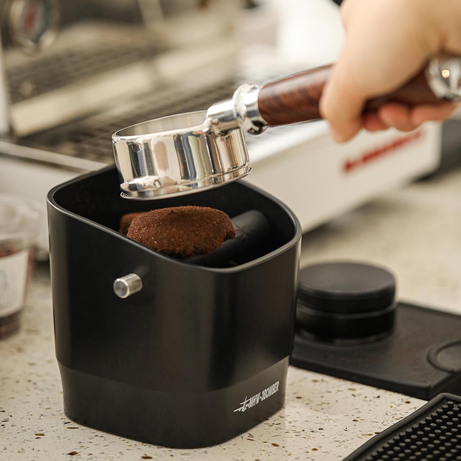 Espresso knock box, coffee knock box, coffee puck container, espresso accessories, anti-slip knock box