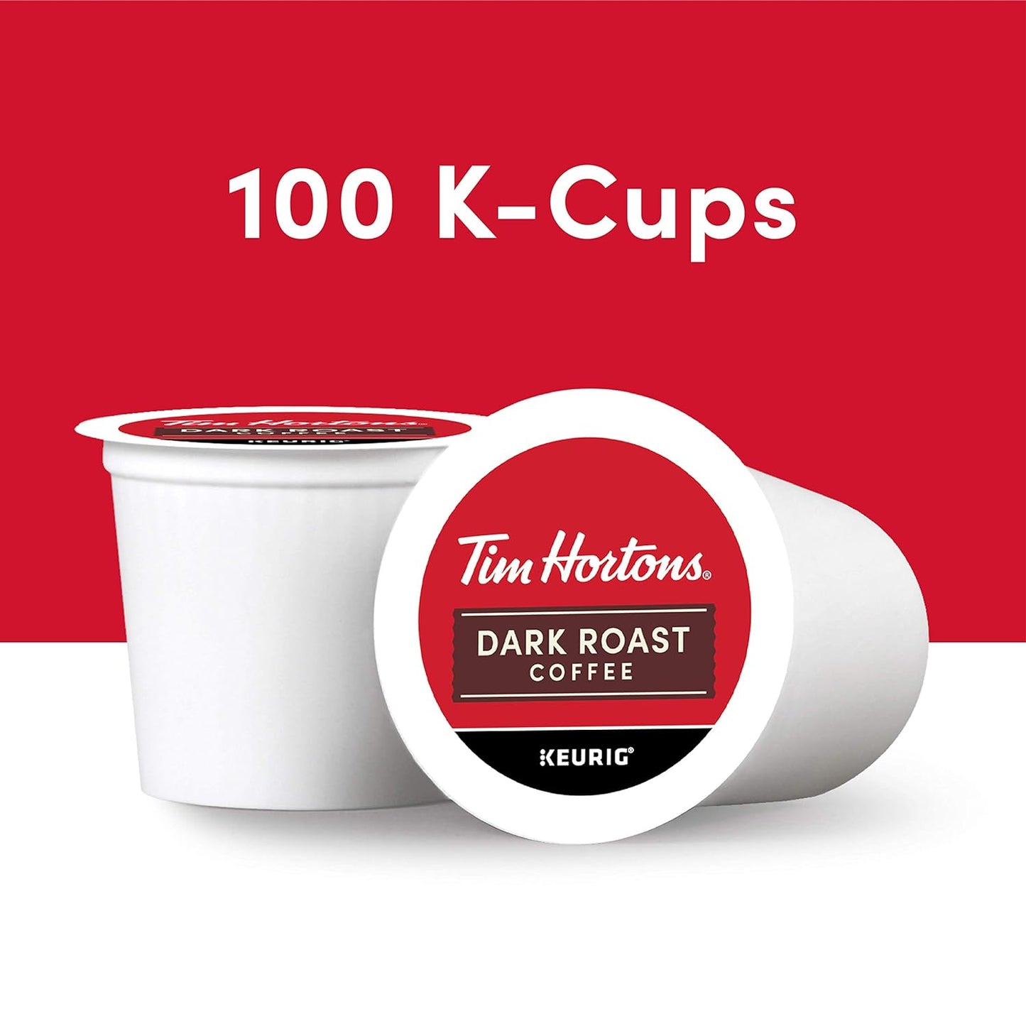 Box of 100 dark roast coffee K-Cup pods compatible with Keurig brewers, featuring 100% Arabica beans for a rich and flavorful brew.