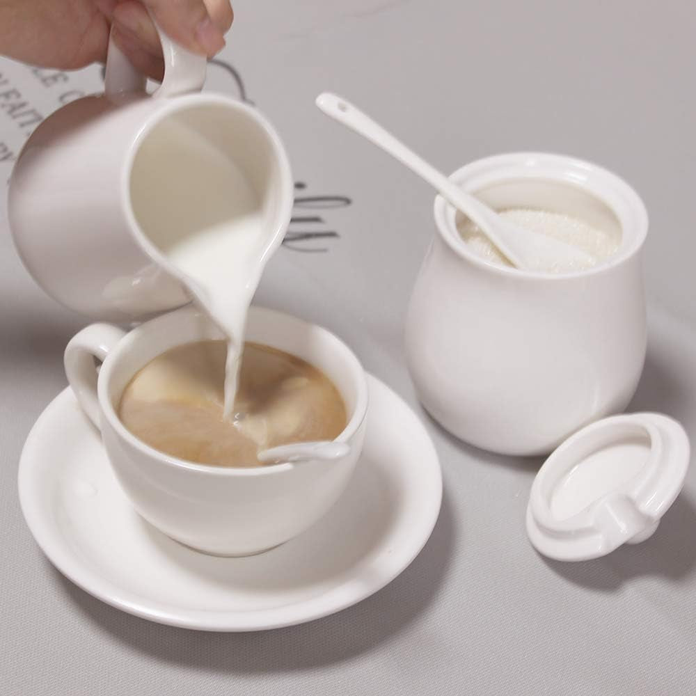 11 Oz Cream Ceramic Cream and Sugar Set with Lid and Spoon, Coffee Serving Set, Ceramic Sugar Bowl, Cream Jug