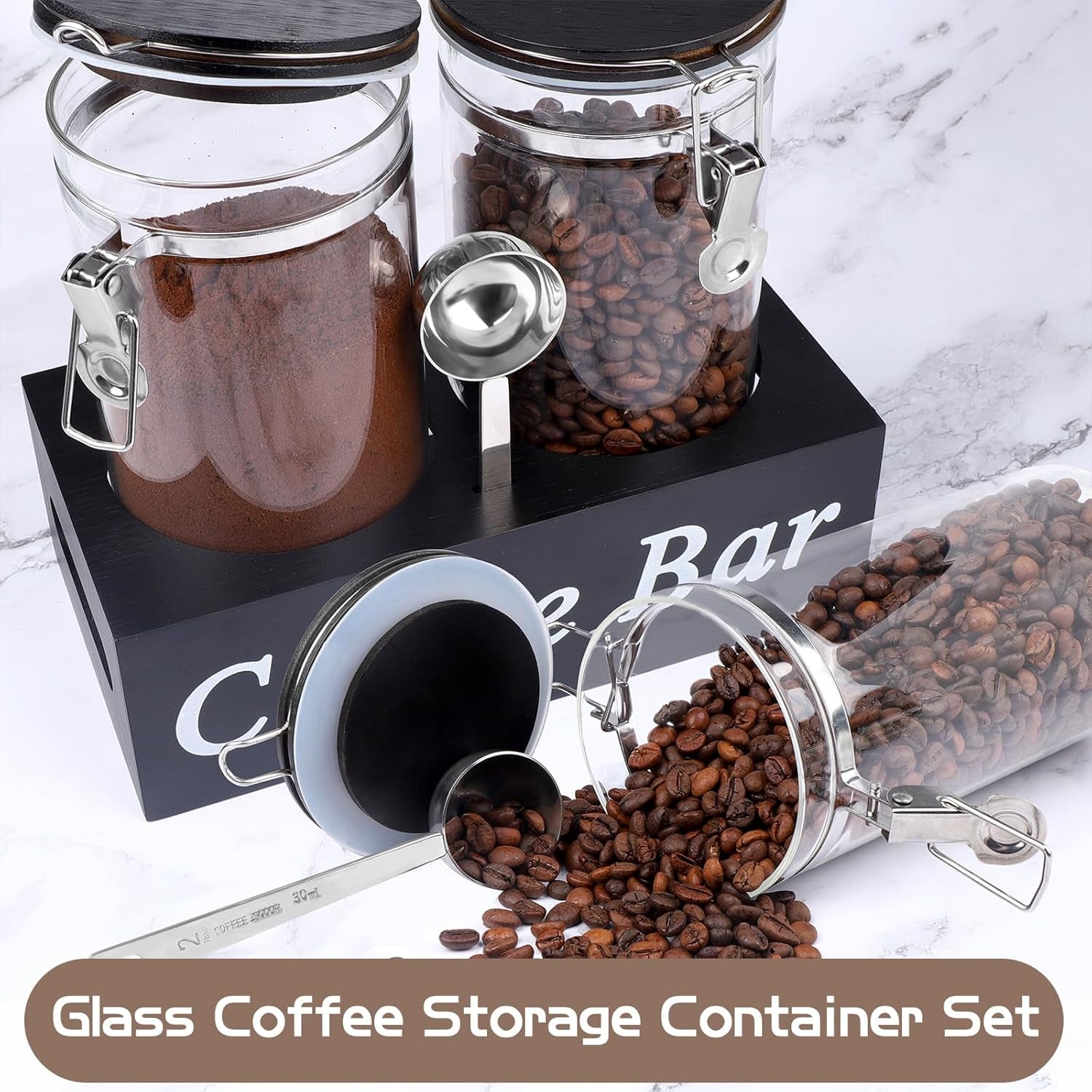 glass coffee containers, coffee storage jars, 54oz glass jars, airtight coffee canisters, coffee bean storage, coffee bar accessories, glass food storage containers, coffee jar with shelf, kitchen storage jars, borosilicate glass canisters