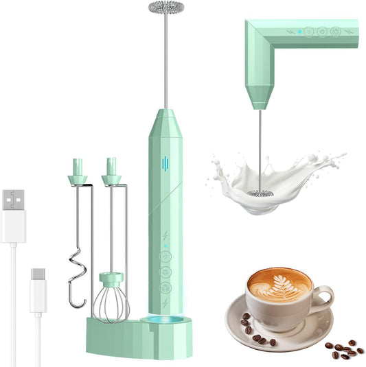 USB-C Rechargeable Handheld Milk Frother, Electric Drink Mixer with Charging Base, Milk Frother with 3 Speed Adjustable, Foldable Milk Frother with Stand, Green Electric Whisk Drink Mixer, Milk Frother for Coffee, Almond Milk Frother, Soy Milk Frother