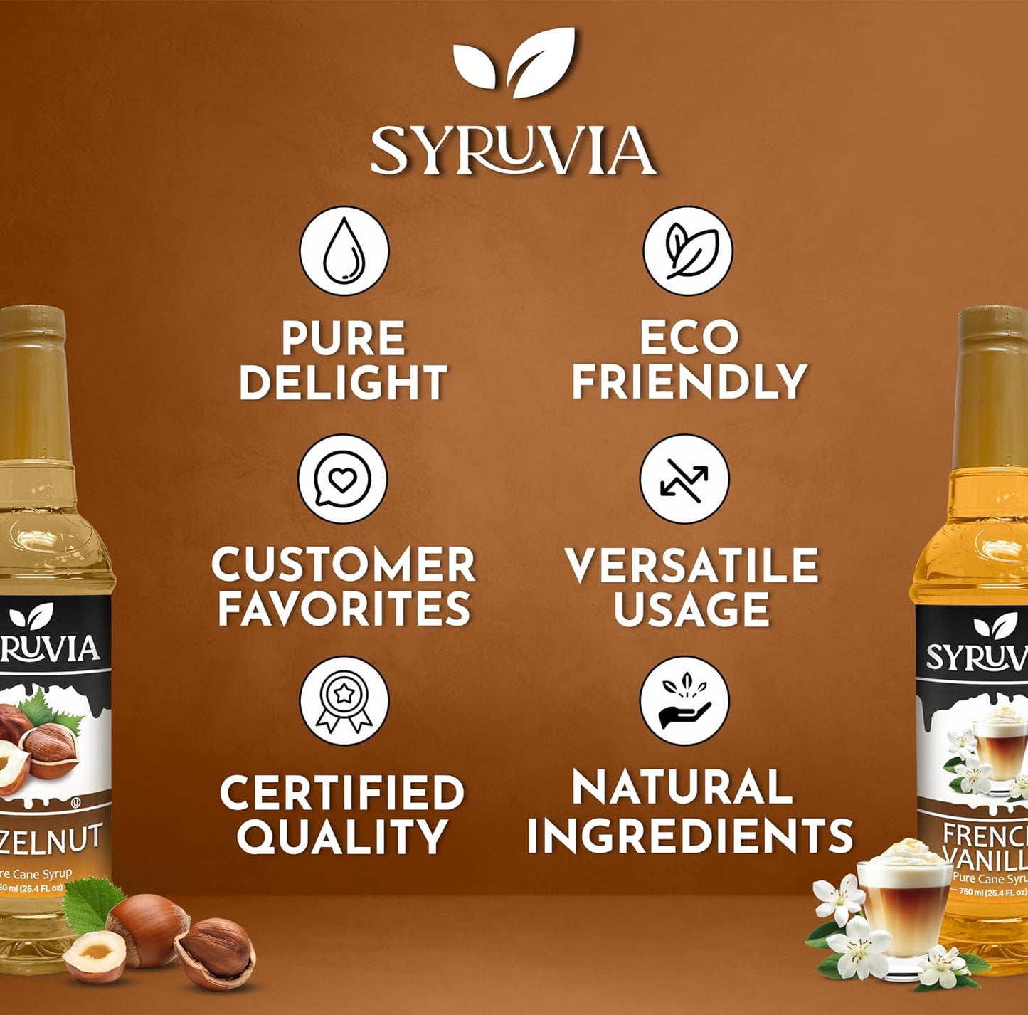 Hazelnut coffee syrup, French vanilla syrup, premium coffee syrups, kosher coffee syrups, gluten-free syrup, Syruvia flavoring syrups