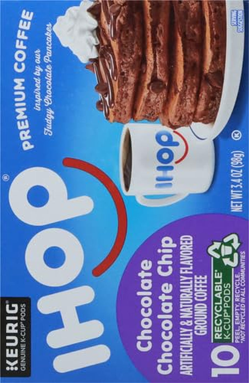 IHOP Chocolate Chip Keurig K-Cup Coffee Pods, IHOP coffee pods 10 count box, chocolate chip flavored coffee pods, IHOP chocolate coffee, recyclable coffee pods, premium Arabica coffee pods, IHOP pancake inspired coffee, single-serve Keurig coffee pods, Kosher certified coffee pods, IHOP menu-inspired coffee