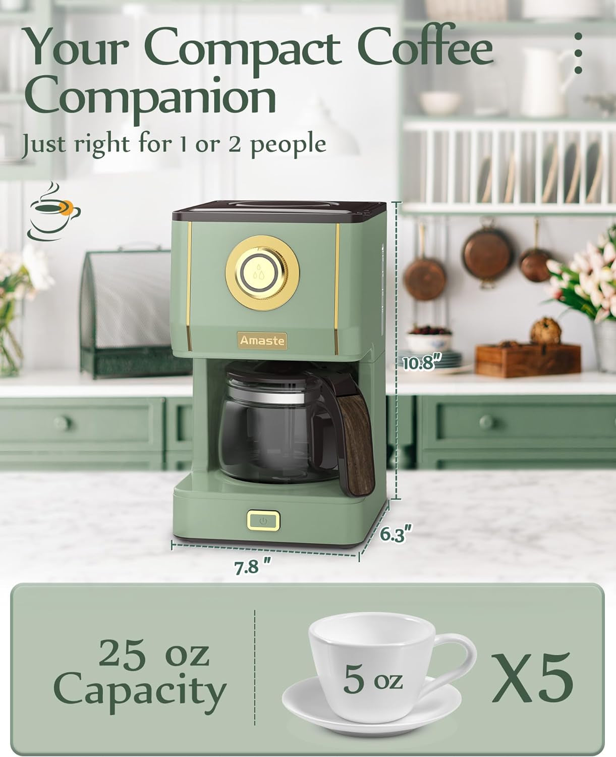 Drip Coffee Machine, Retro Style Coffee Maker, 25 Oz Glass Pot Coffee Maker, Reusable Coffee Filter, Matcha Green Coffee Machine