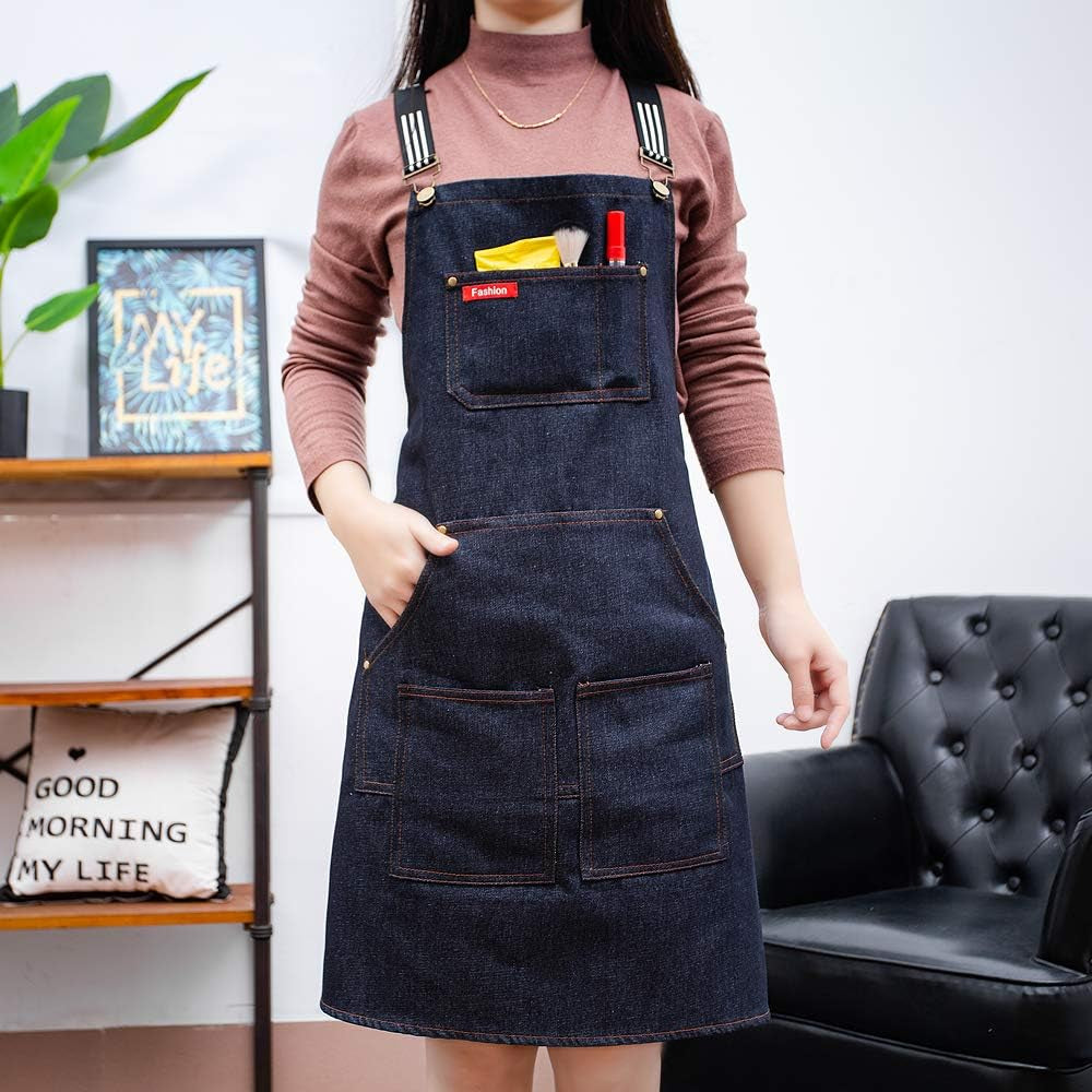 Unisex Denim Apron, Adjustable Barista Apron, Multi Pocket Apron, Sky Blue Apron