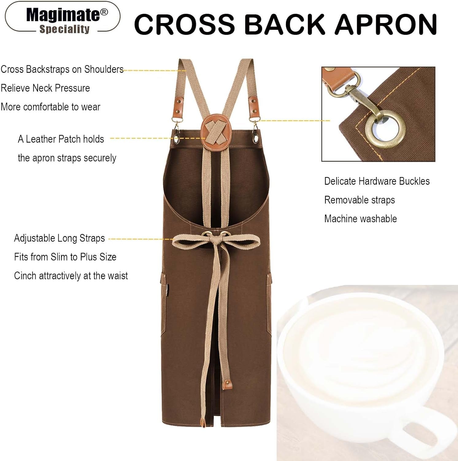 Chef Apron with Cross Back Straps, Cotton Canvas Apron, Artists Apron, Cooking Apron, Brown Apron, Water-resistant Apron, Adjustable Apron