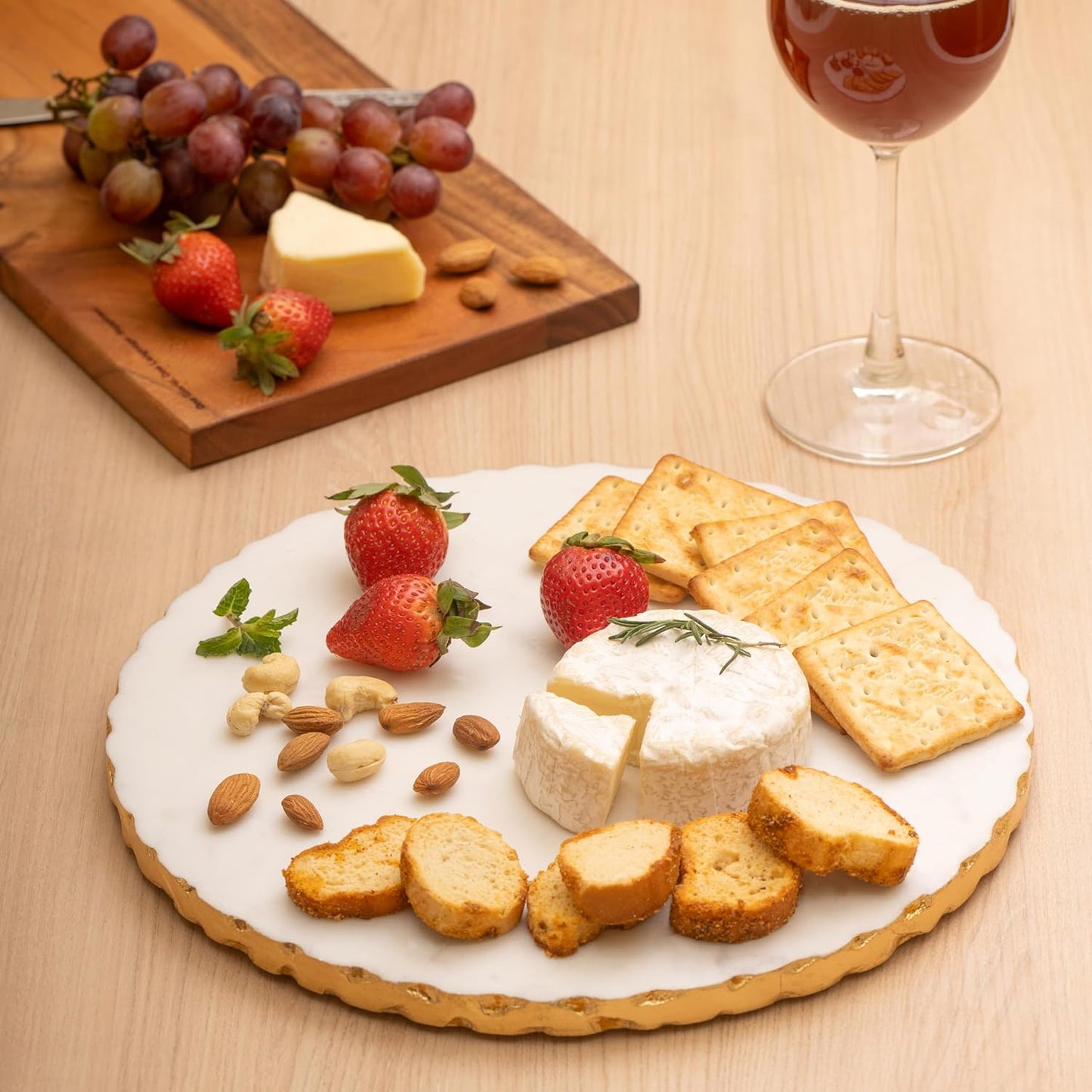 White Marble Charcuterie Board with Gold Foiling, 11.25-inch Decorative Platter, Cheese Board, Elegant Marble Serving Board