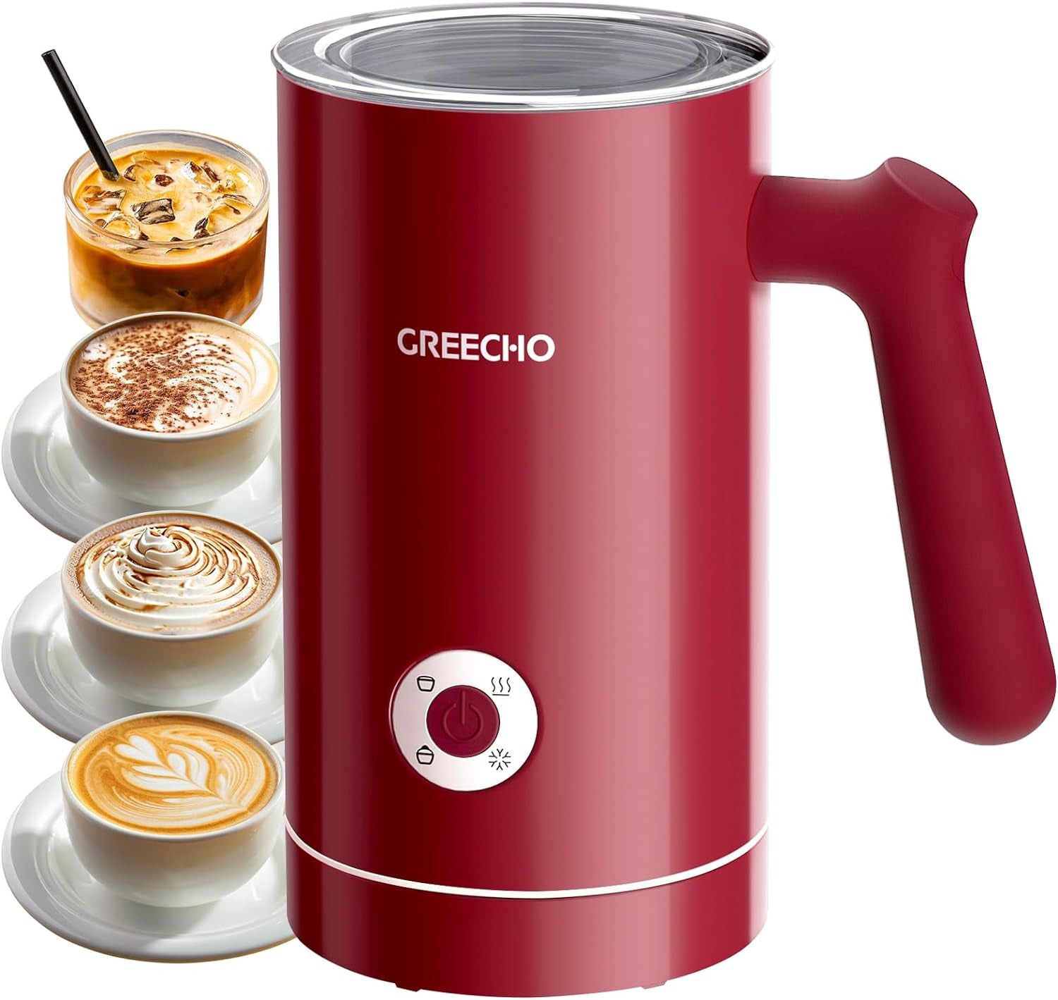 4 in 1 Electric Milk Frother, Red milk frother and steamer, GREECHO 4-in-1 milk frother, Hot and cold milk frother, 150ml frothing capacity, 300ml heating capacity, Quiet milk frother, Delicate foam milk frother, Non-stick milk frother, BPA-free milk frother