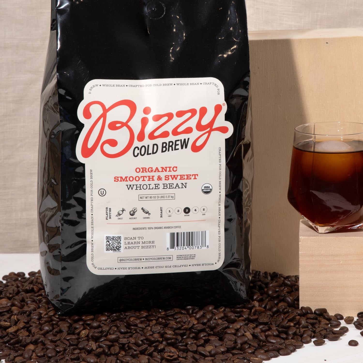 Organic cold brew coffee beans, medium roast Arabica coffee, smooth & sweet cold brew blend, 5 lb whole bean coffee, caramel hazelnut coffee flavor, USDA organic cold brew coffee, Kosher coffee beans, cold brew Arabica coffee, Guatemalan Peruvian Nicaraguan coffee blend.