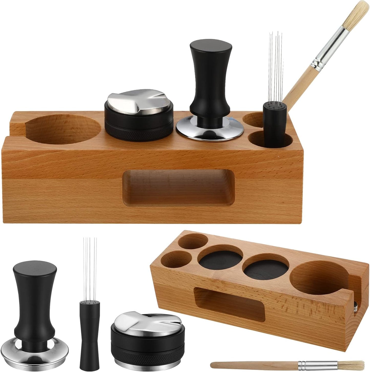 58mm espresso accessories kit, wooden tamper station, coffee distributor, espresso stirrer, coffee tamper, barista tools