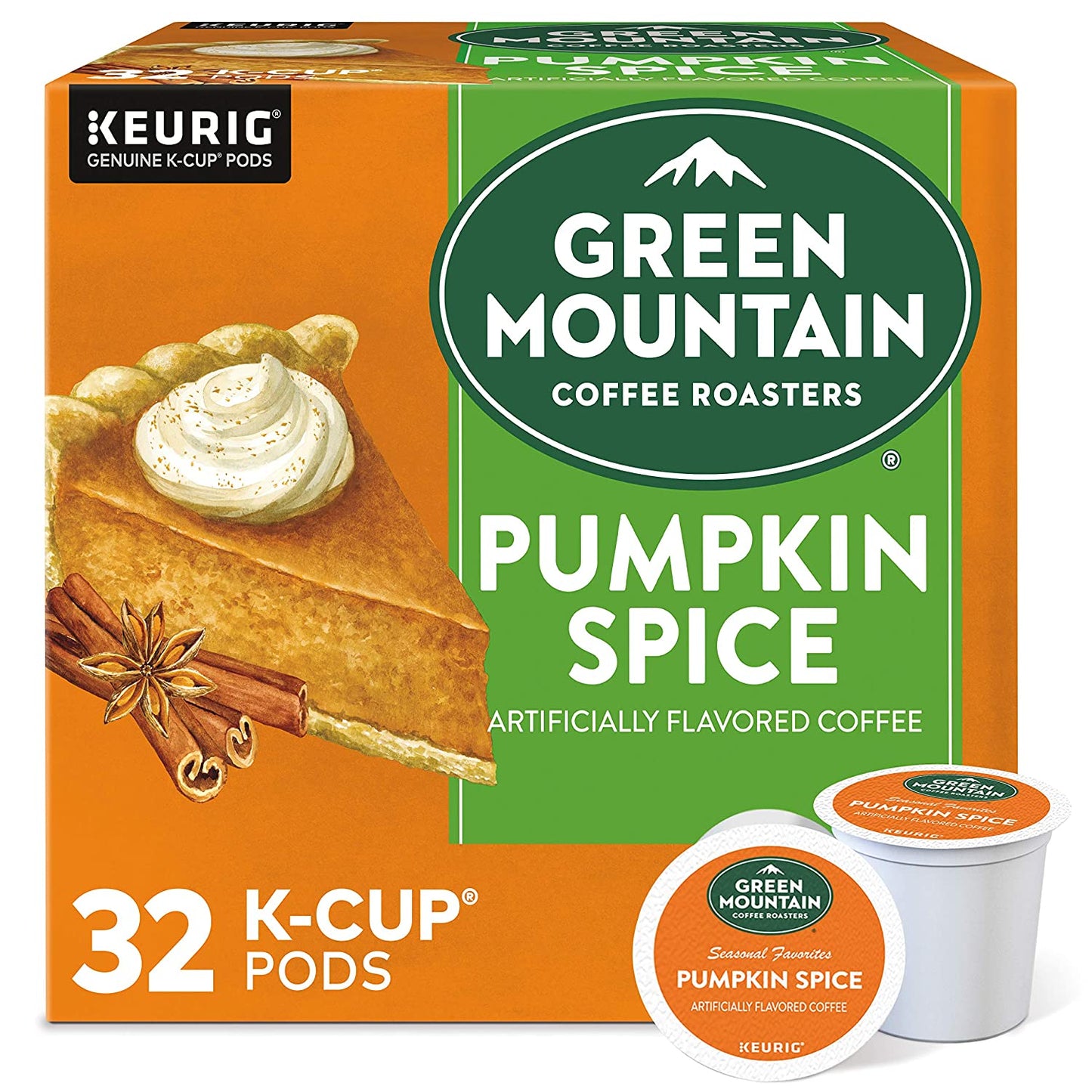 Green Mountain Pumpkin Spice K-Cup pods, 32 count, light roast coffee with cinnamon and nutmeg flavors, compatible with Keurig coffee makers.






