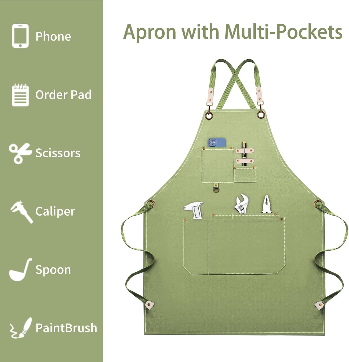 Adjustable Chef Apron, Colorful Cooking Apron, Large Pockets Apron, Green Apron