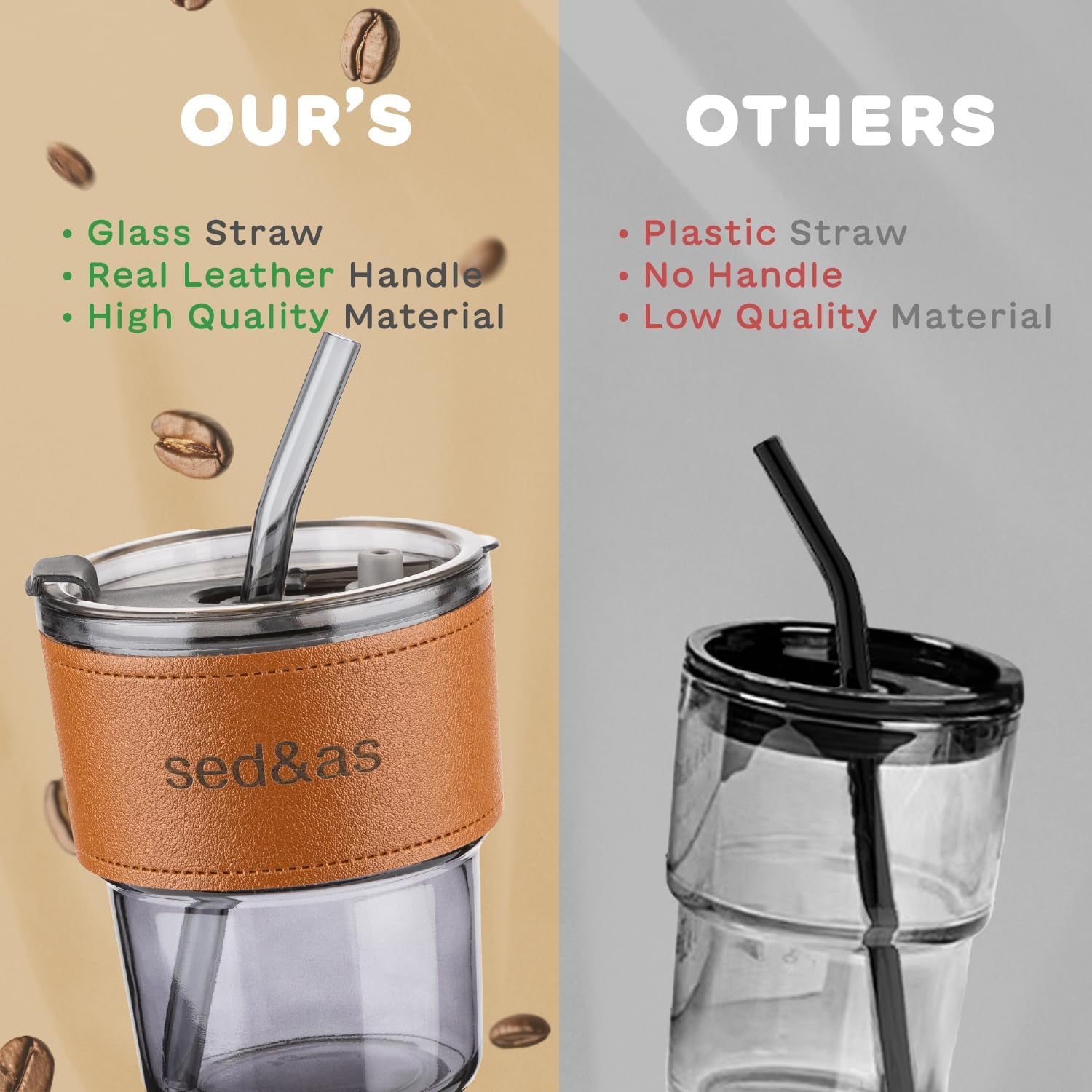 clear reusable iced coffee cup, glass travel mug with lid and straw, 15 oz leak-proof tumbler, insulated hot coffee mug, leather sleeve travel cup, BPA-free glass tumbler