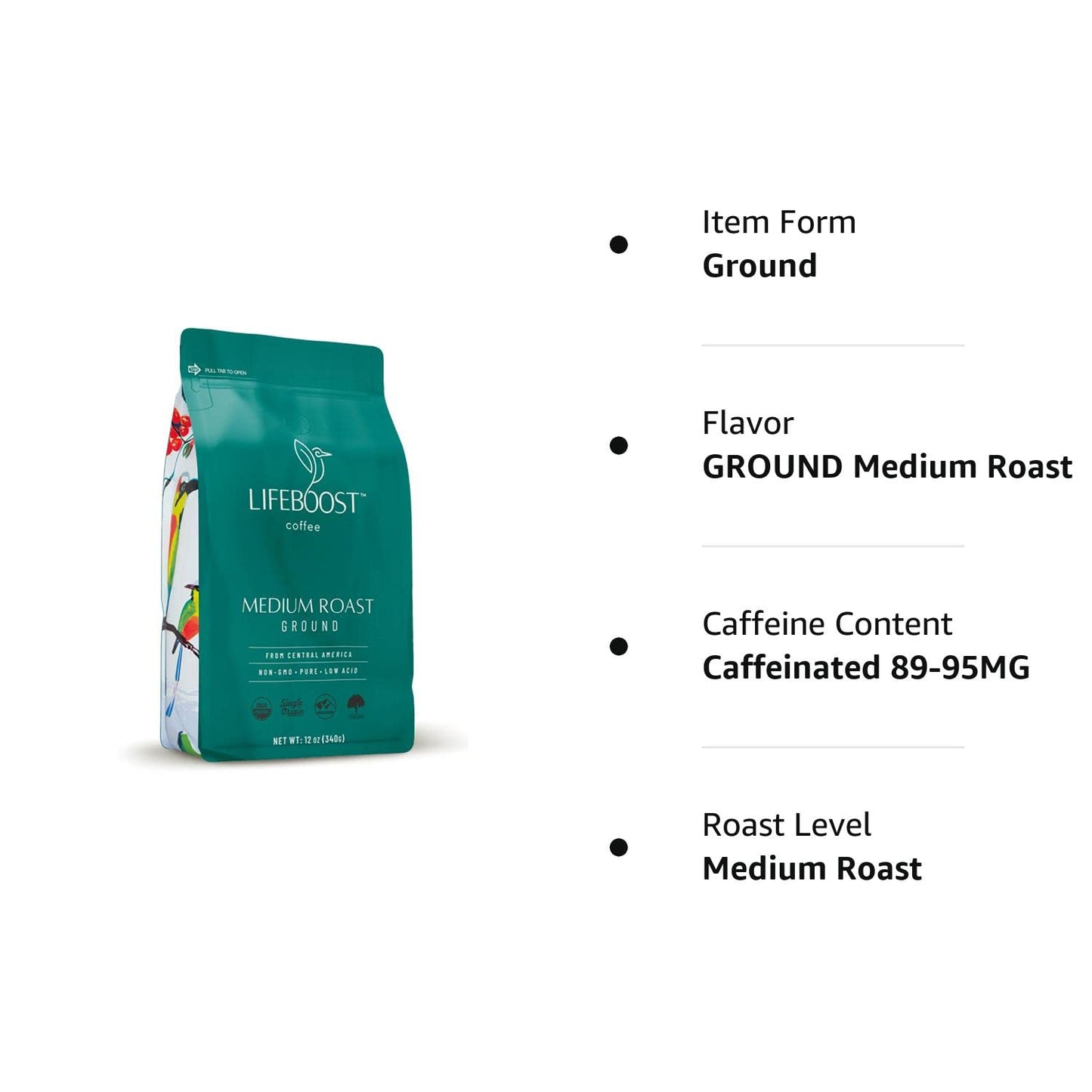 Ground Medium Roast Coffee, Low Acid Coffee, Single Origin Coffee, USDA Organic Ground Coffee, Non-GMO Ground Coffee, Mycotoxin-Free Coffee, 12oz Ground Coffee