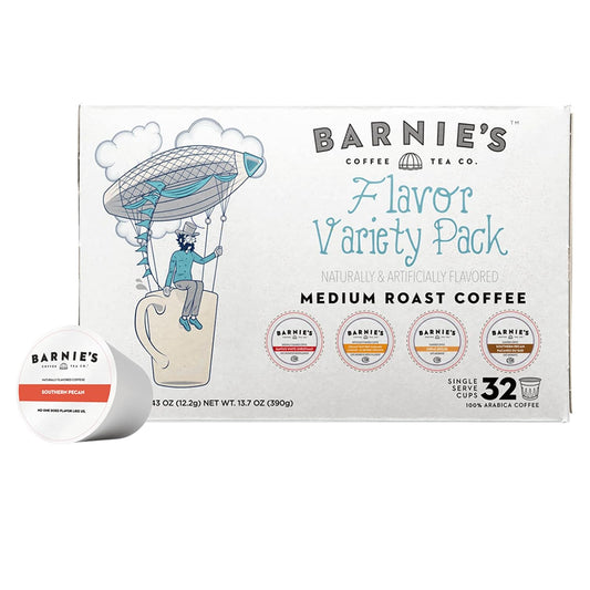 Barnie's Coffee Pods Variety Pack, 32 count, Santa's White Christmas, Southern Pecan, Creamy Buttery Caramel, Crème Brûlée, medium roast, Keurig compatible.