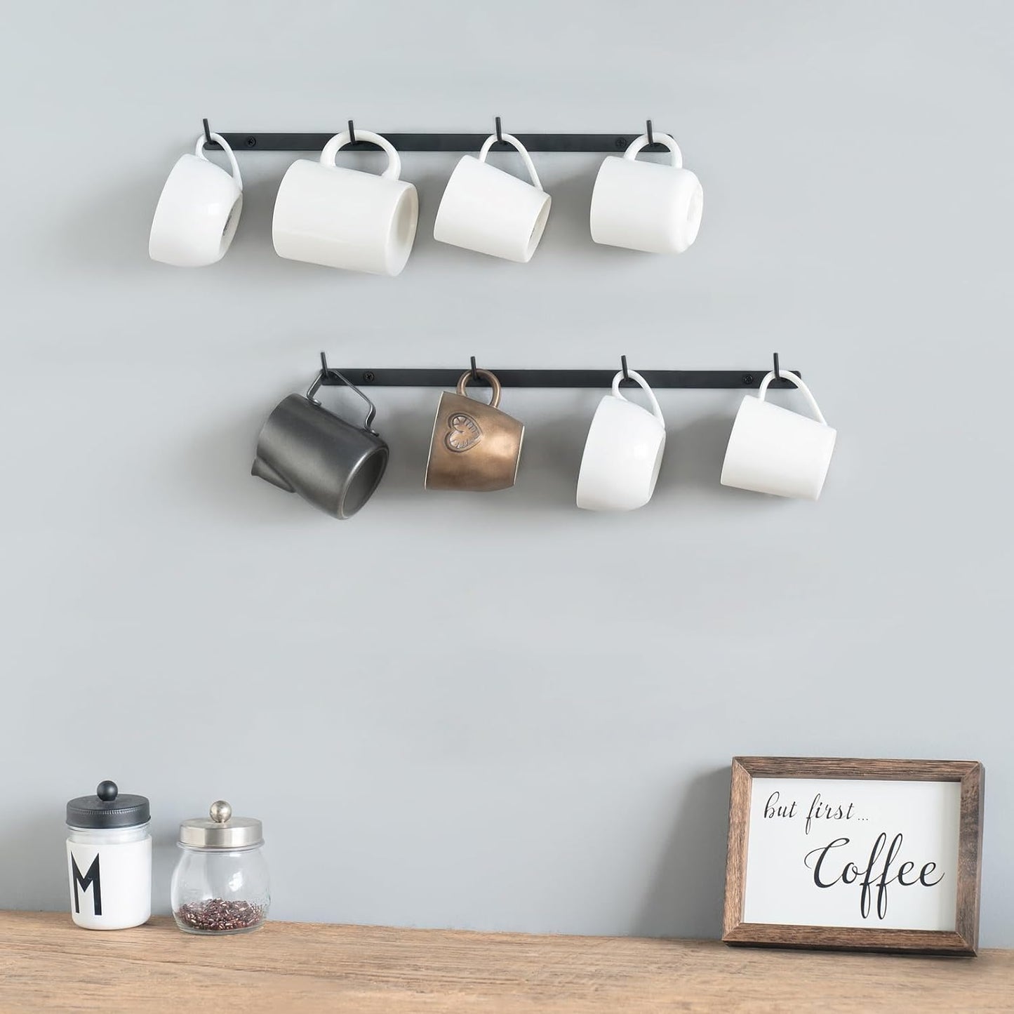 wall mounted mug holder, metal coffee mug rack, mug display storage, kitchen cup organizer, dining room mug holder, coffee bar accessories, black mug rack, space-saving mug holder, Dahey mug holder, wall mounted cup hooks