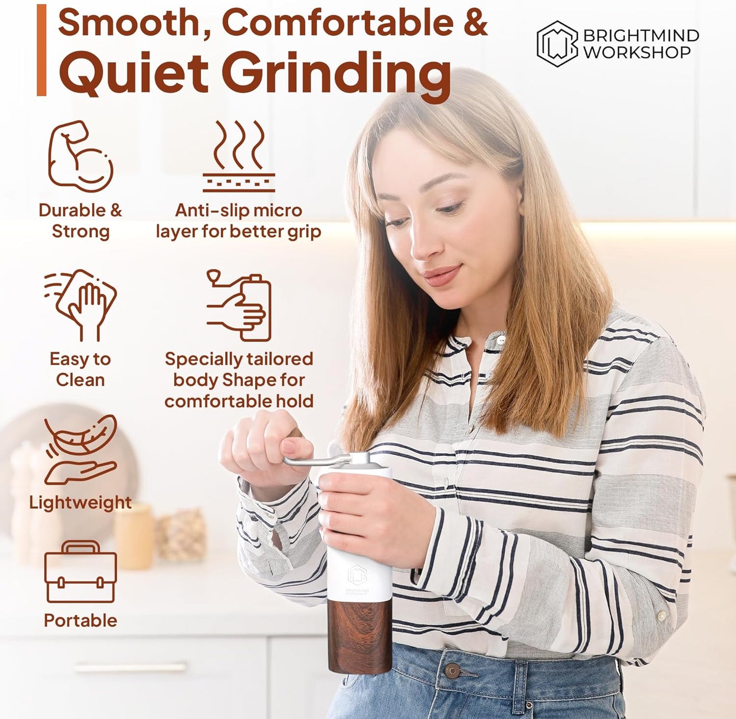 manual coffee grinder, stainless steel conical burr, portable coffee grinder, adjustable grind size, ergonomic design coffee grinder, compact hand coffee grinder, durable coffee grinder, easy to clean coffee grinder, travel coffee grinder, BrightMind Workshop coffee grinder, white and wood coffee grinder