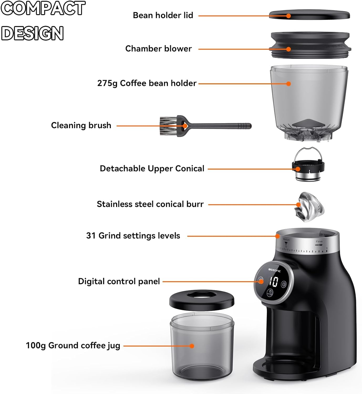 Beeone Conical Burr Coffee Grinder, Digital Control Coffee Grinder, Stainless Steel Burr Grinder, Espresso Coffee Grinder, Adjustable Coffee Grinder, Low-Speed Coffee Grinder, Easy to Clean Coffee Grinder, Coffee Grinder with 31 Settings, Durable Coffee Grinder, Premium Coffee Grinder