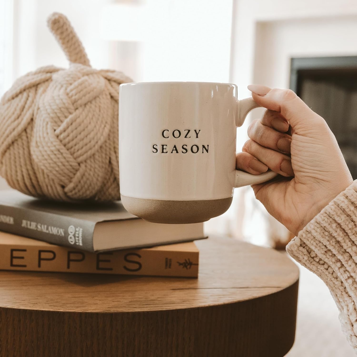 Cozy Season 14oz stoneware coffee mug with fall and winter design, perfect for hot beverages, microwave and dishwasher safe, ideal holiday gift.