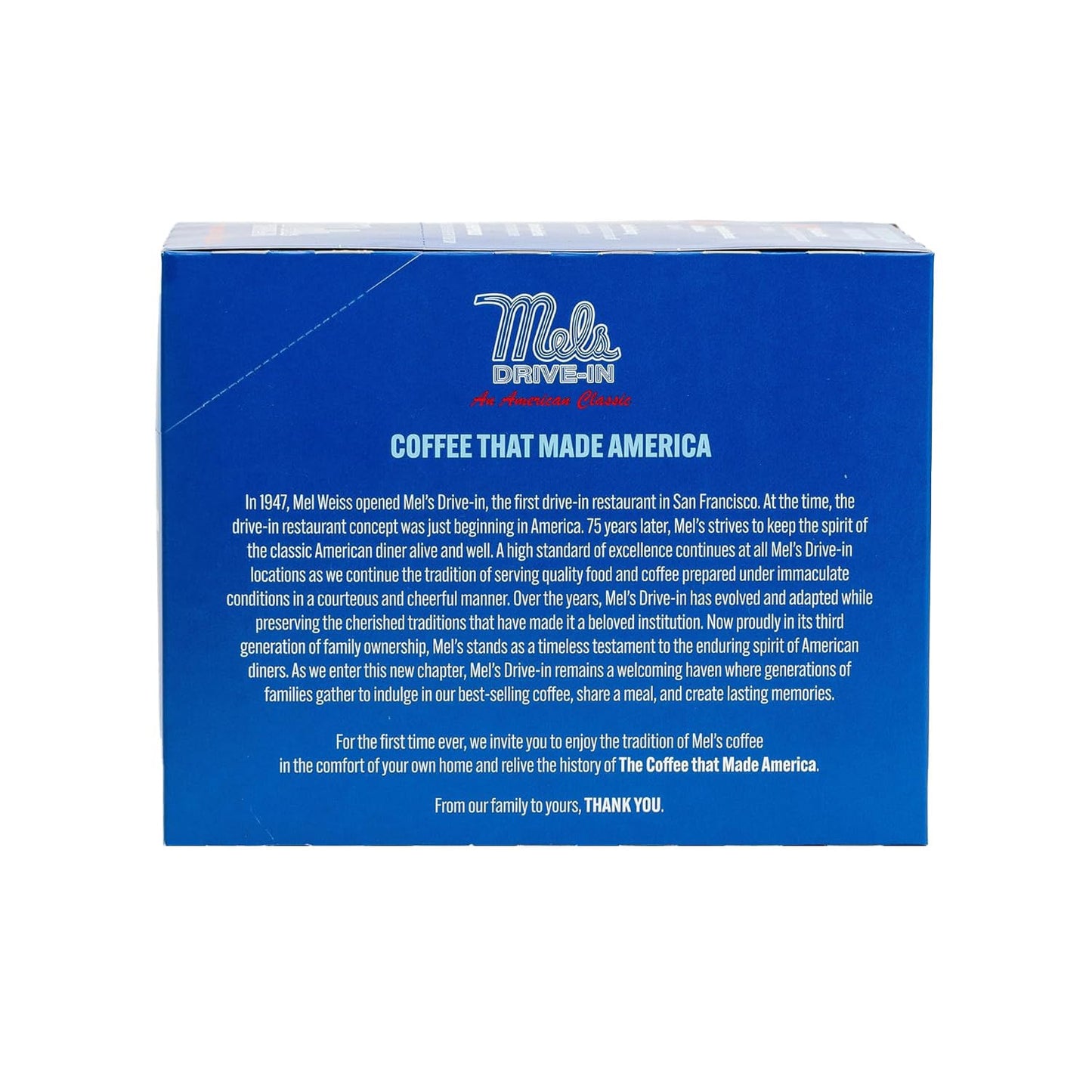 Mel's Drive-In coffee pods, dark roast diner blend, Keurig compatible coffee pods, 75th anniversary limited edition K-Cups, premium Arabica coffee pods, recyclable K-Cup pods, nostalgic diner coffee, Mel's Drive-In dark roast, solar energy produced coffee, American classic coffee