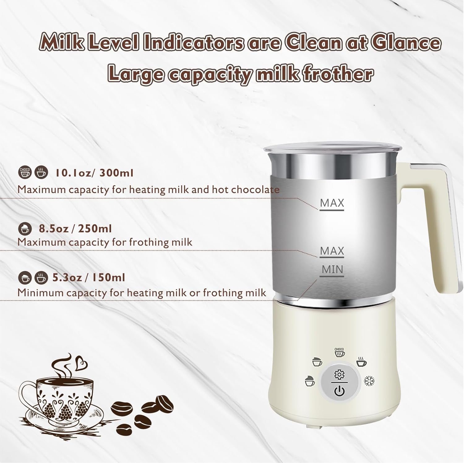 Detachable electric milk frother, 5-in-1 milk steamer, 10.1 oz milk frother, stainless steel milk foamer, hot and cold milk frother, automatic milk frother, Huogary milk frother, dishwasher safe milk frother, large capacity milk foamer, magnetic centrifuge milk frother