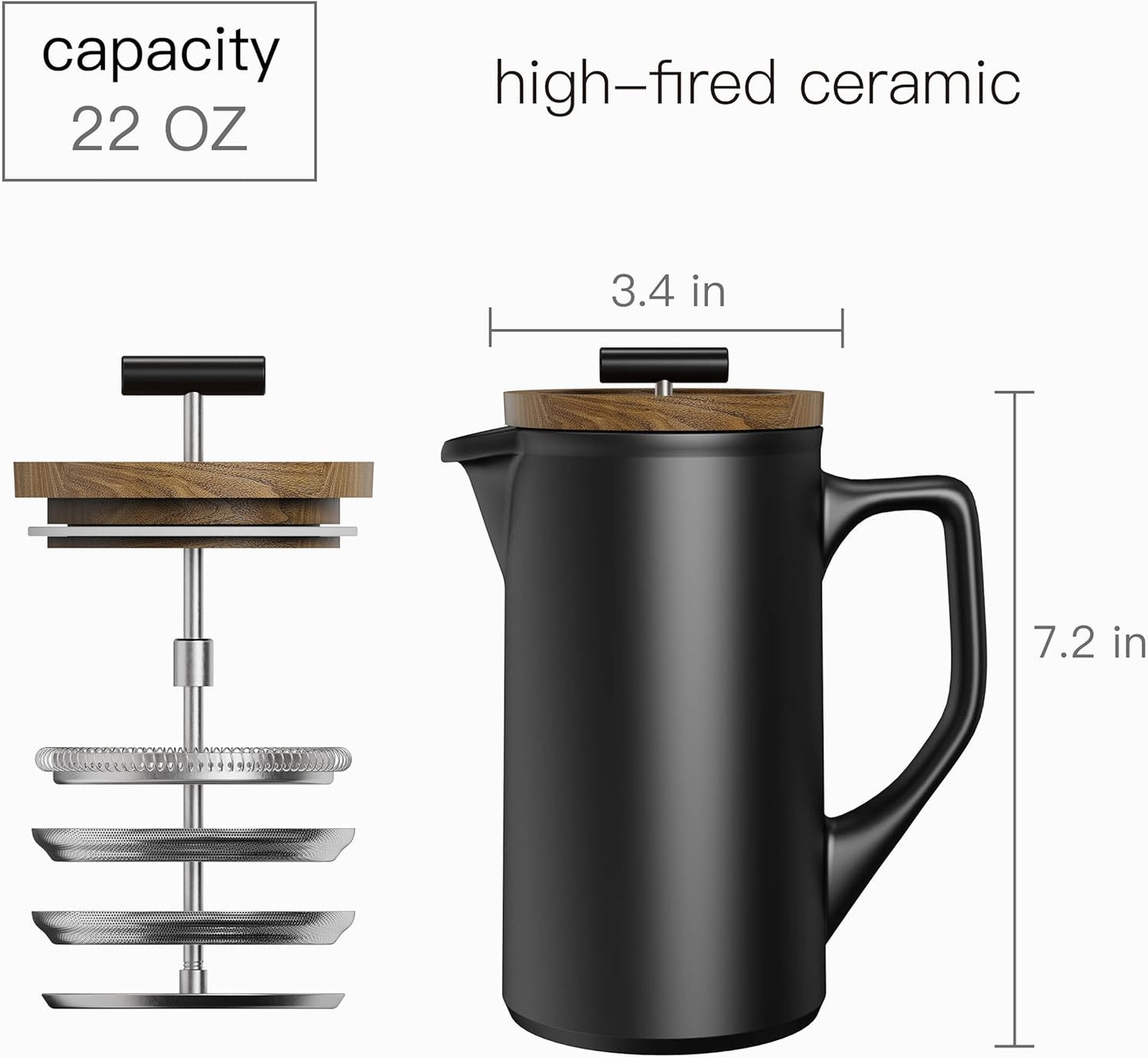 Ceramic French Press Coffee Maker, 22 Oz, Walnut Wood Lid French Press, Stylish Ceramic Coffee Maker, Modern Design French Press, Easy to Clean Coffee Press, Durable Ceramic French Press, Versatile Coffee and Tea Maker, Portable French Press for Travel, Elegant Kitchen Coffee Maker