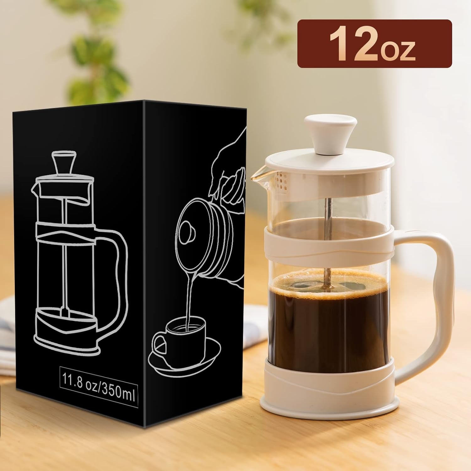 French press coffee maker, 11.8 oz French press, mini coffee press, stainless steel filter French press, heat-resistant glass coffee maker, portable French press, travel coffee maker, home coffee press, white French press, cold brew coffee maker