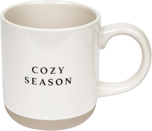 Cozy Season 14oz stoneware coffee mug with fall and winter design, perfect for hot beverages, microwave and dishwasher safe, ideal holiday gift.