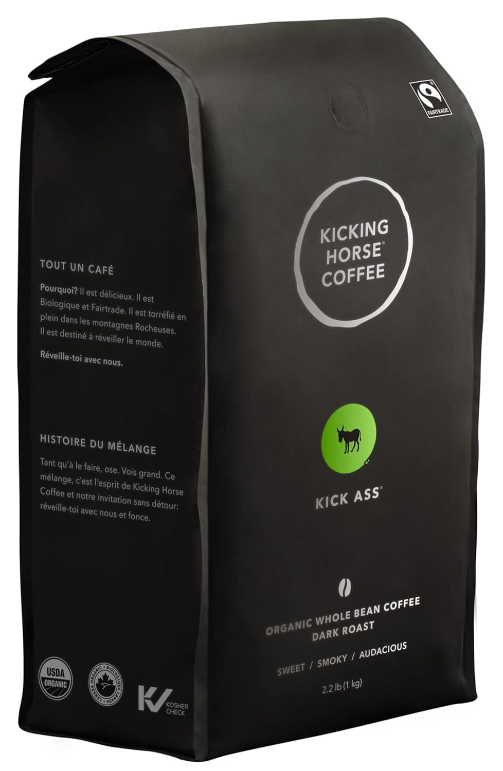  Kicking Horse dark roast coffee, whole bean organic coffee, 2.2 lb coffee bag, chocolate malt coffee flavor, Fairtrade certified coffee, kosher dark roast coffee, Kicking Horse Coffee blend, Rocky Mountain roasted coffee