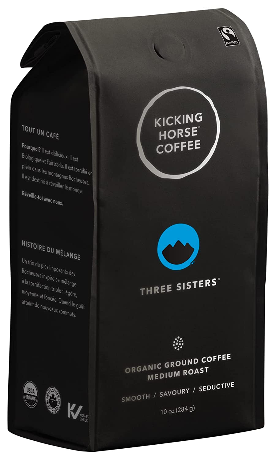 Three Sisters Medium Roast Ground Coffee, 10 Oz - Certified Organic, Fairtrade, Kosher, with notes of stone fruit and cocoa.