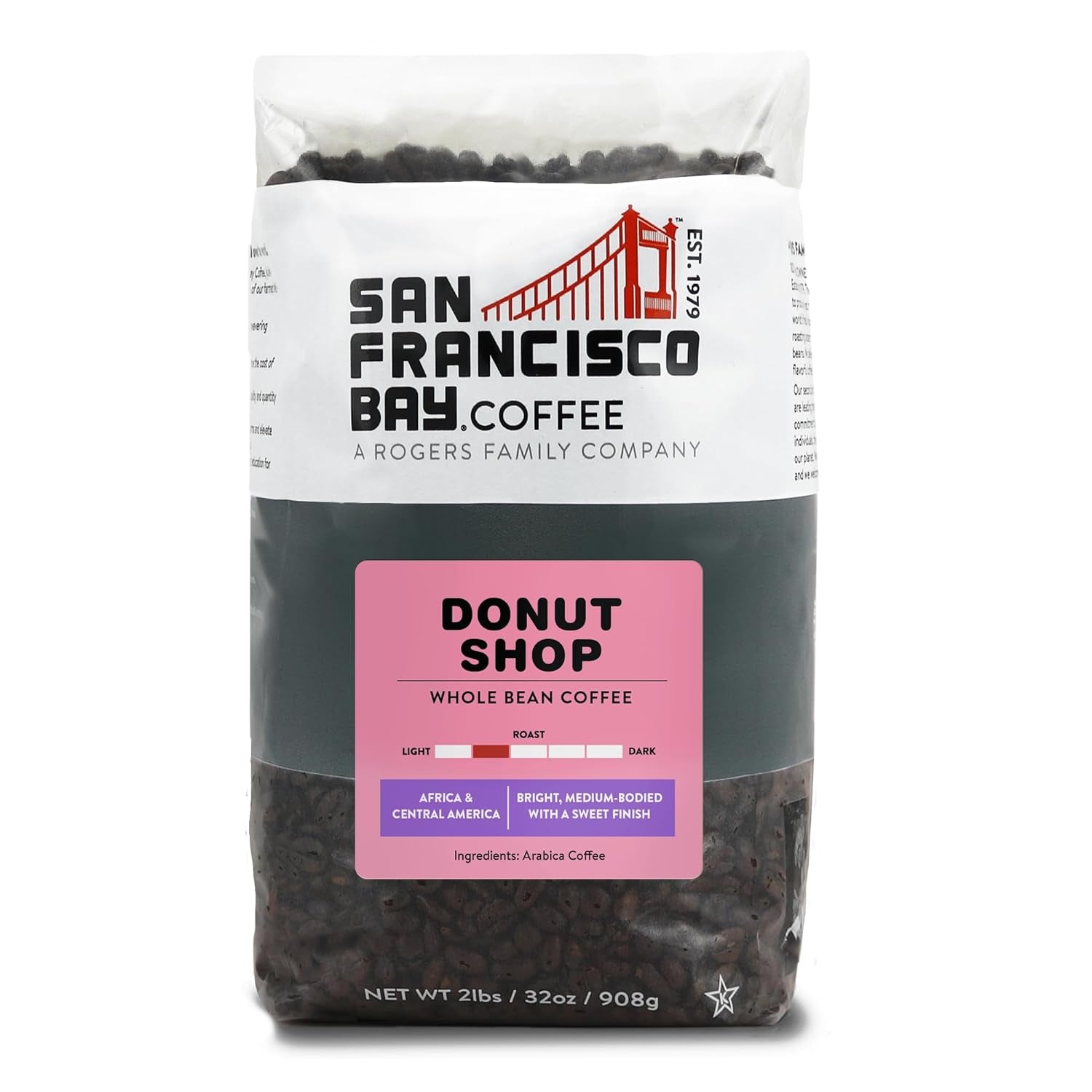 Whole Bean Coffee - Donut Shop, 2Lb Bag, Medium Light Roast, Arabica beans from Africa and Central America, sweet finish coffee.