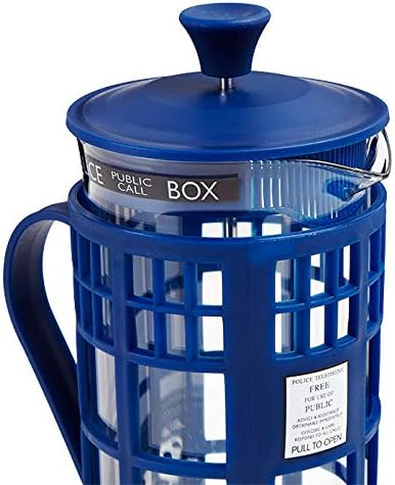 34 oz TARDIS French Press with glass carafe, plunger, and filter inspired by Doctor Who