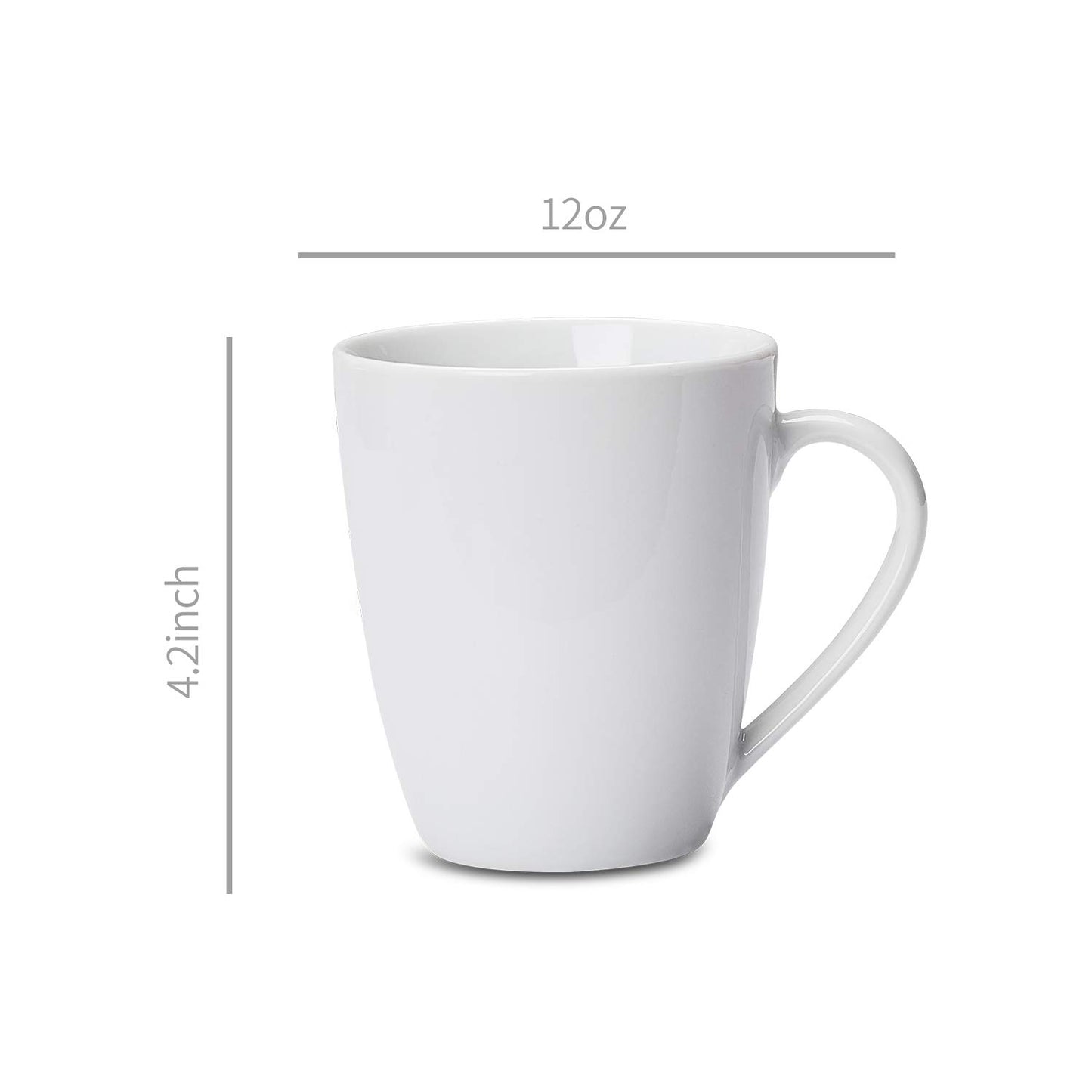 Set of 12 white porcelain coffee mugs, 12 ounces each, durable and stackable, oven and microwave safe, ideal for restaurants and everyday use.